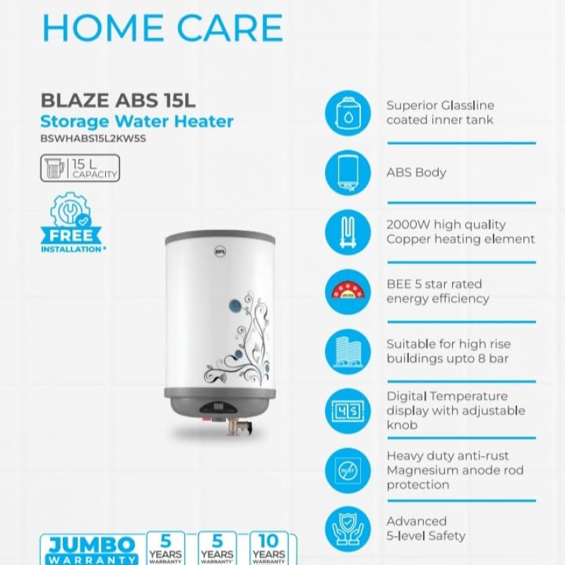 BPL 15L (BSWHABS15L2KW5S) Storage Water Geyser Digital Display Glass line Coated Tank Temperature Control ABS Body Advanced 4 Level Safety, 10 years tank & 5 years product warranty Water Heater