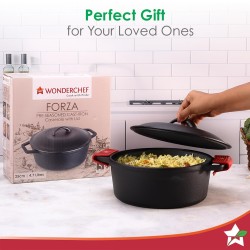 Wonderchef Forza 25 cm Cast-Iron Casserole with Lid | Pre-Seasoned Cookware | Induction Friendly | 4.7 L | 3.8 mm