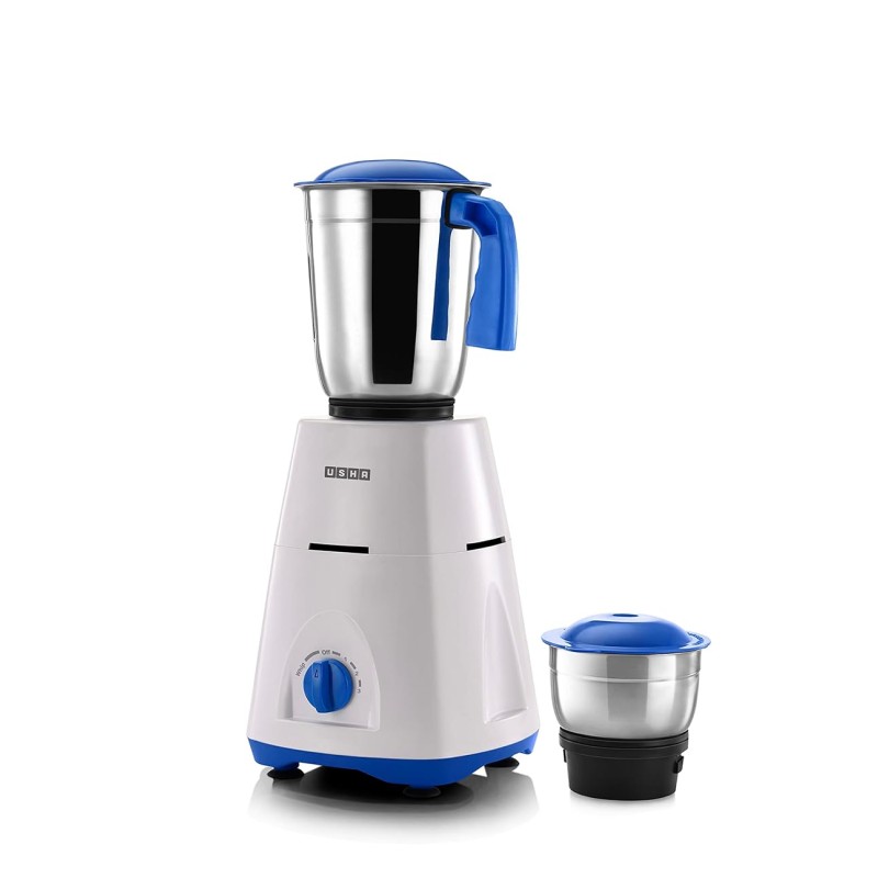 Usha MG3750 MG 500-Watt 2 Stainless Steel Jars with 3-speed mode,100% Copper Motor with 2 years Product Warranty & 5 Years Motor Warranty, White & Blue