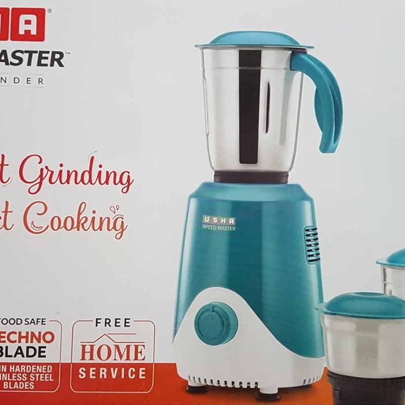 USHA Speed Master 500W with 3 Jars, 100% Copper Motor, 4-fin techno blades for finer grinding, SS Jars with flow breakers, 20000+ RPM, 5 Years Warranty on Motor (Blue and White)