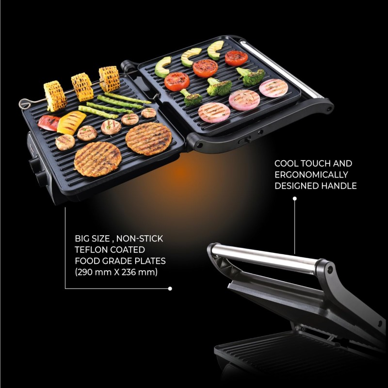 Usha iChef Sandwich Grill | 2000 Watt| Large 4 Slice Flat Bread Griller | 0-180° Flat Bed | Temperature and Timer Control | Auto Shut-off after Pre-Set time |2 Years Warranty (Stainless steel)