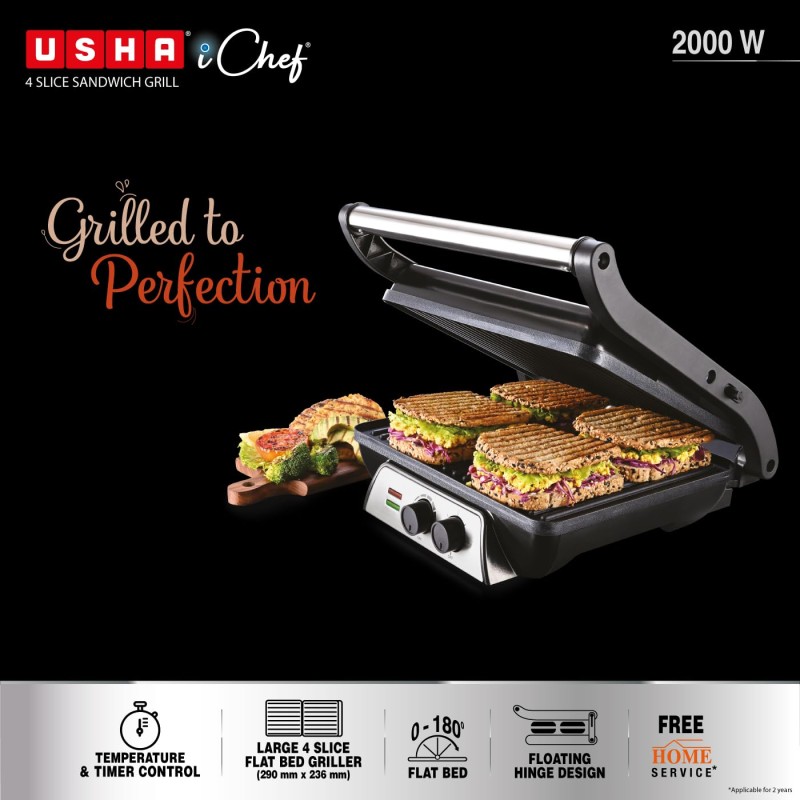 Usha iChef Sandwich Grill | 2000 Watt| Large 4 Slice Flat Bread Griller | 0-180° Flat Bed | Temperature and Timer Control | Auto Shut-off after Pre-Set time |2 Years Warranty (Stainless steel)