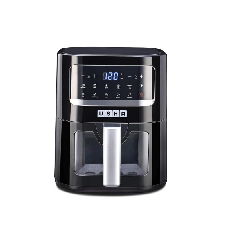 USHA Ichef Smart Air Fryer 4.5L,10 In 1 Functions10 Preset Menu|Digital Display&Touch Panel|Transparent Window|Illuminated Chamber|Turbo Air Circulation|Oil Free Cooking|Auto Pause/Start(Black),1350W