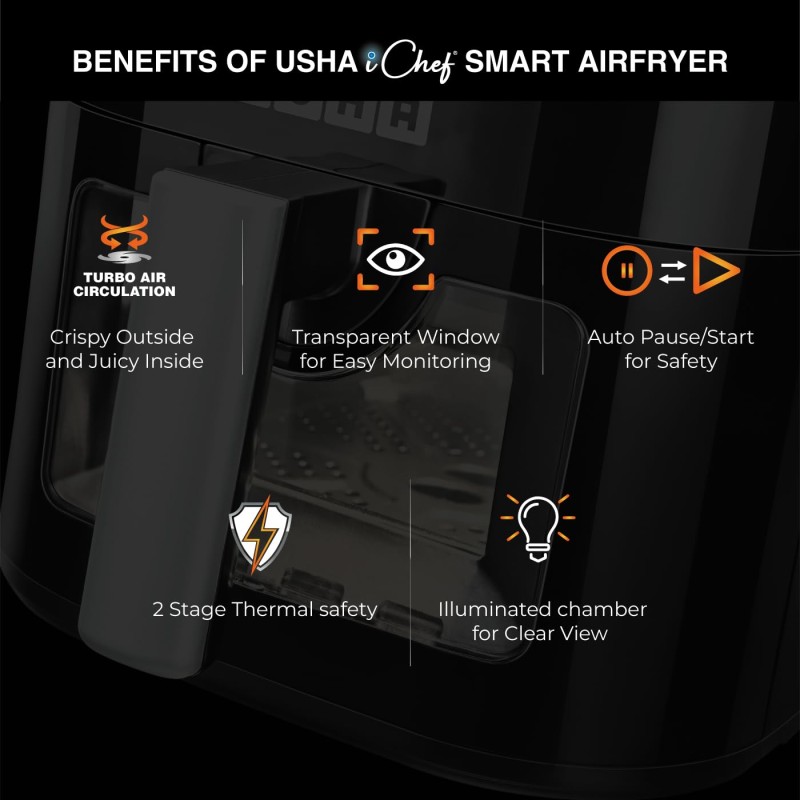 USHA Ichef Smart Air Fryer 4.5L,10 In 1 Functions10 Preset Menu|Digital Display&Touch Panel|Transparent Window|Illuminated Chamber|Turbo Air Circulation|Oil Free Cooking|Auto Pause/Start(Black),1350W