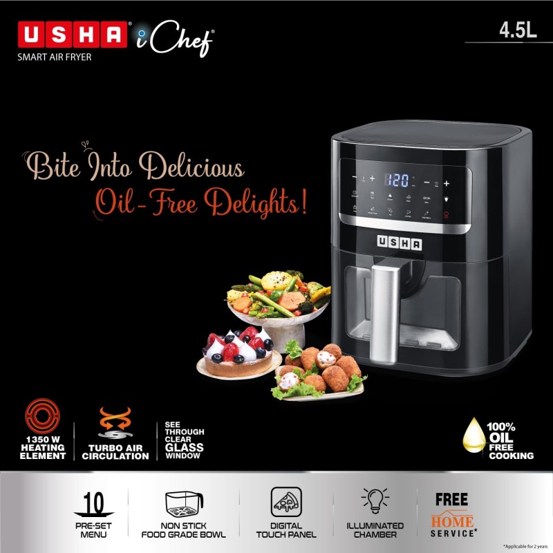 USHA Ichef Smart Air Fryer 4.5L,10 In 1 Functions10 Preset Menu|Digital Display&Touch Panel|Transparent Window|Illuminated Chamber|Turbo Air Circulation|Oil Free Cooking|Auto Pause/Start(Black),1350W
