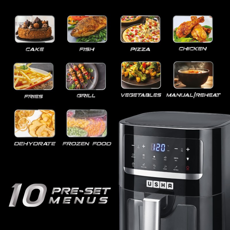 USHA Ichef Smart Air Fryer 4.5L,10 In 1 Functions10 Preset Menu|Digital Display&Touch Panel|Transparent Window|Illuminated Chamber|Turbo Air Circulation|Oil Free Cooking|Auto Pause/Start(Black),1350W