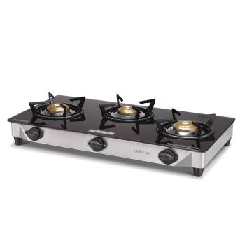 USHA Ebony Neo GS 3003 SS Stainless Steel Thick Toughened Glass Top 3 Burner Gas Stove (Black), Manual Ignition