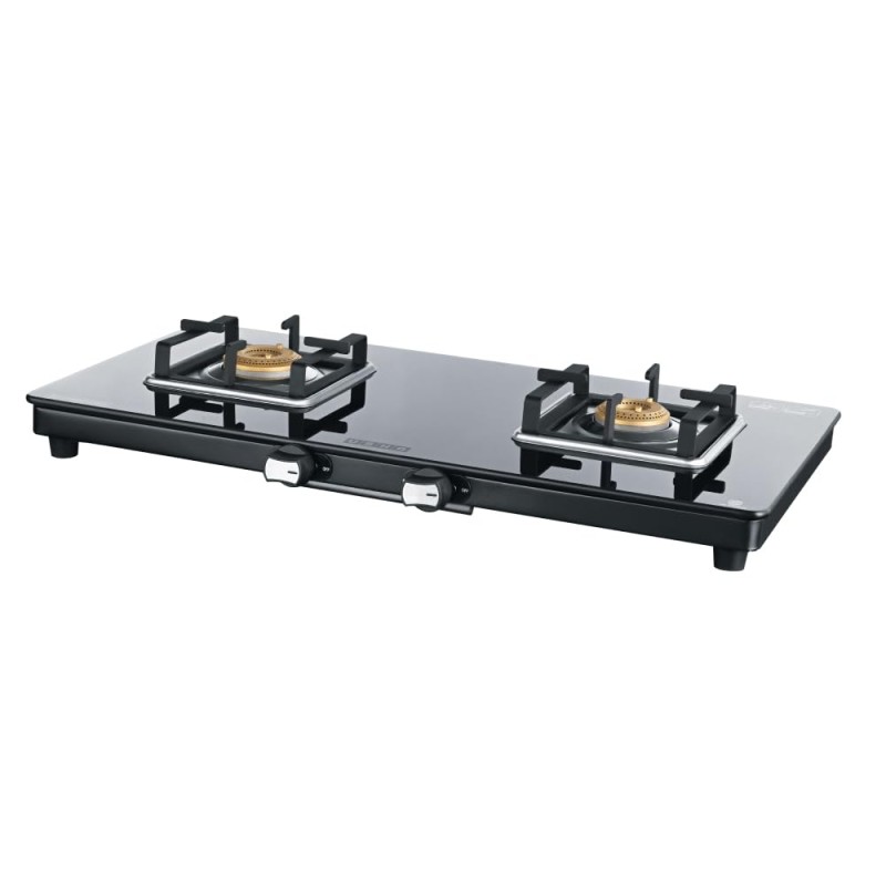 USHA Ebony Slim 2 burner (EBSL2SGC) with stainless steel body, glass cooktop, large space for parallel cooking, square pan support and integrated drip tray