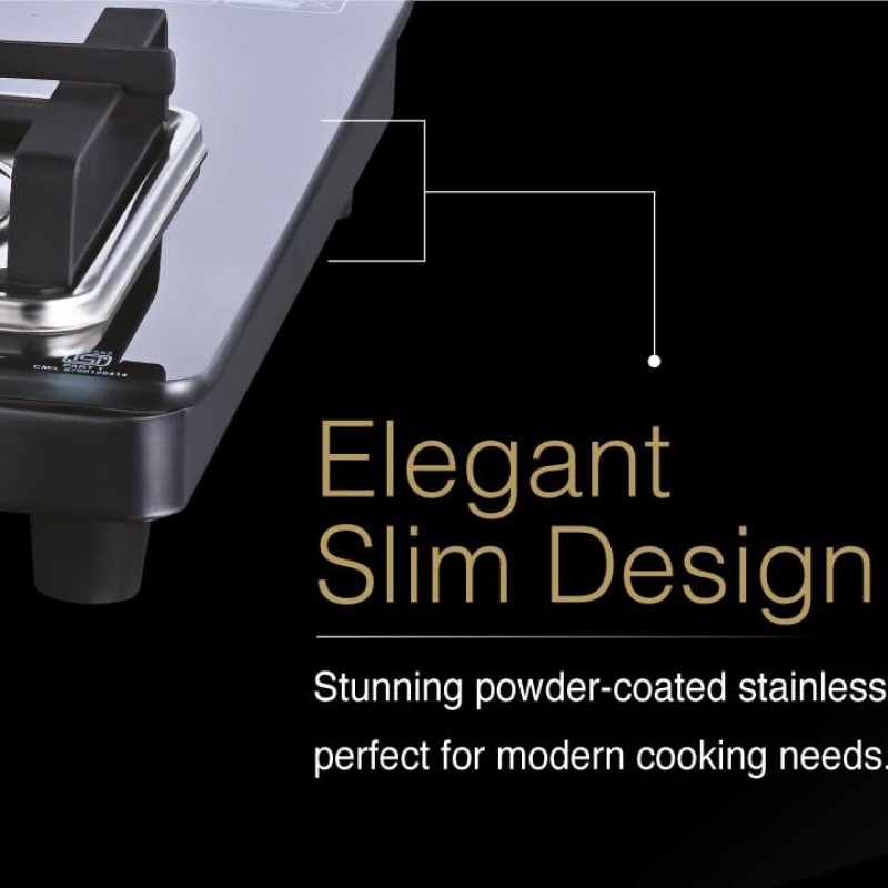 USHA Ebony Slim 2 burner (EBSL2SGC) with stainless steel body, glass cooktop, large space for parallel cooking, square pan support and integrated drip tray