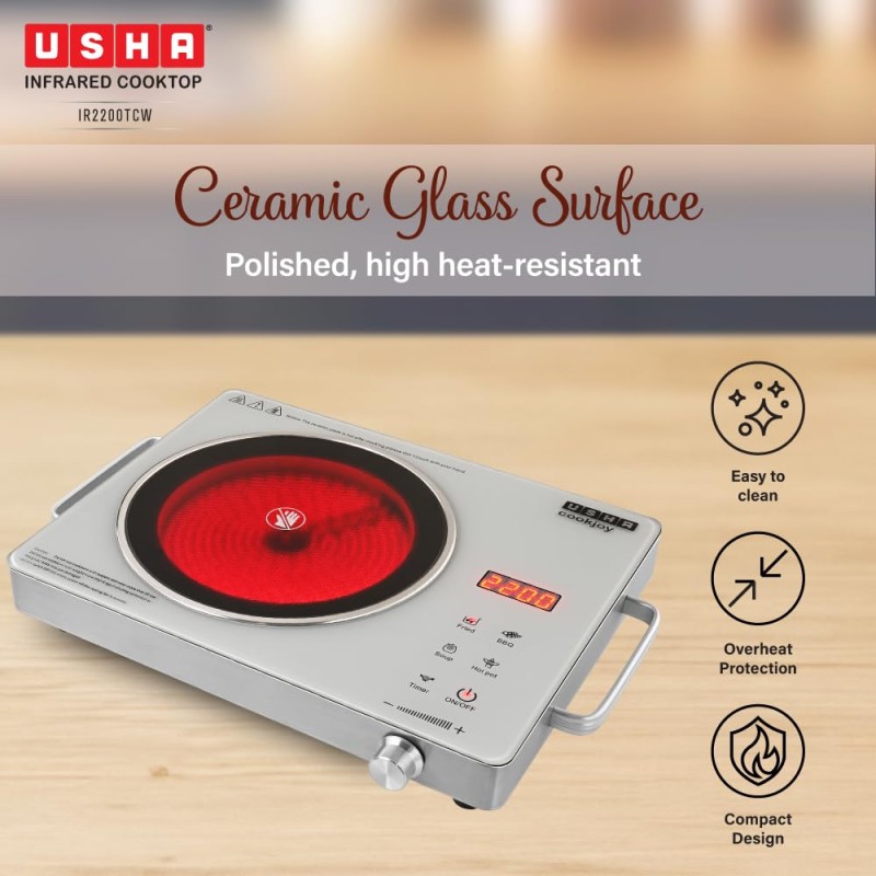 USHA IR2200TCW Infrared Induction Cooktop with grill | 2200 Watts | 11 Power Level | 4 Preset Menu | Feather Touch Controls | Digital display | 1 Year Warranty| White
