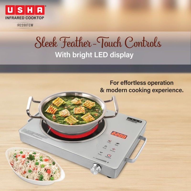 USHA IR2200TCW Infrared Induction Cooktop with grill | 2200 Watts | 11 Power Level | 4 Preset Menu | Feather Touch Controls | Digital display | 1 Year Warranty| White