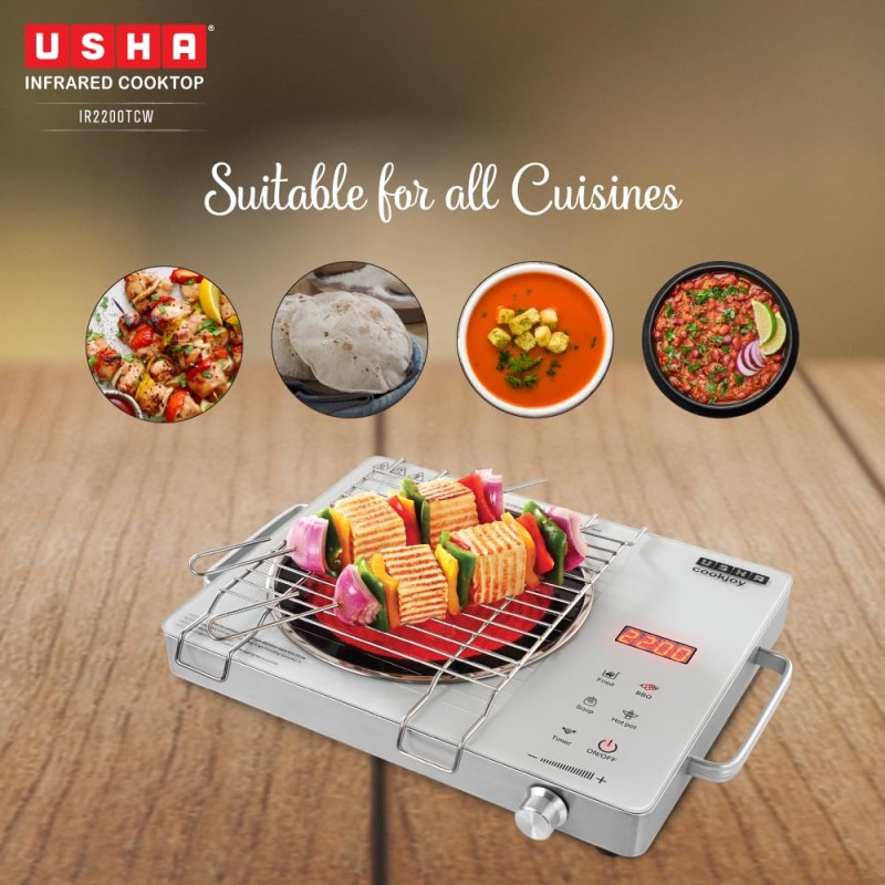 USHA IR2200TCW Infrared Induction Cooktop with grill | 2200 Watts | 11 Power Level | 4 Preset Menu | Feather Touch Controls | Digital display | 1 Year Warranty| White