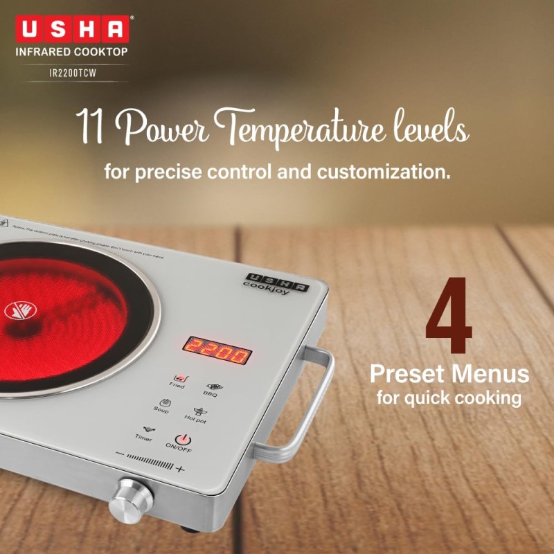USHA IR2200TCW Infrared Induction Cooktop with grill | 2200 Watts | 11 Power Level | 4 Preset Menu | Feather Touch Controls | Digital display | 1 Year Warranty| White