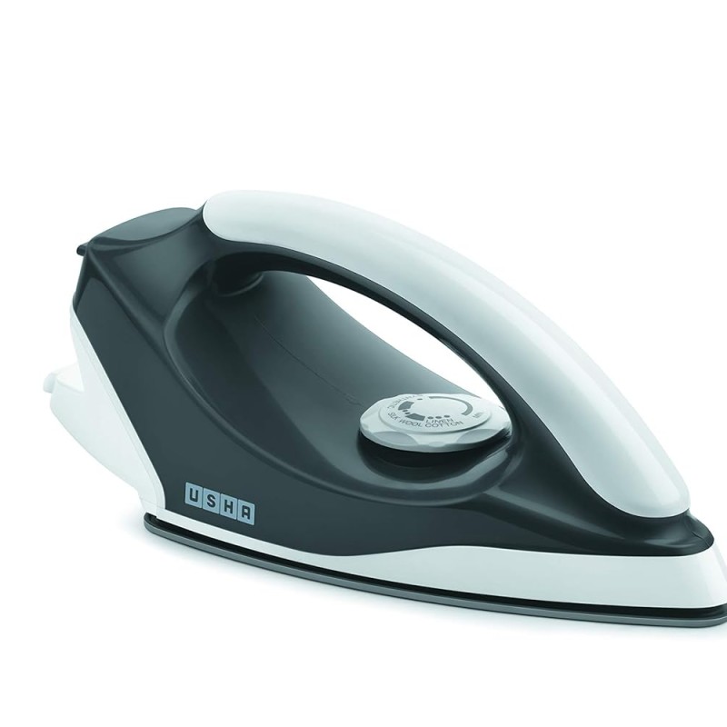 USHA Plastic Usha Aurora 1000Watt Dry Iron with Innovative Tail Light Indicator|Black Non Stick Soleplate for Longer Durability|Overheat Safety Shutoff|2 Years Warranty|(Grey & White),1000 Watts