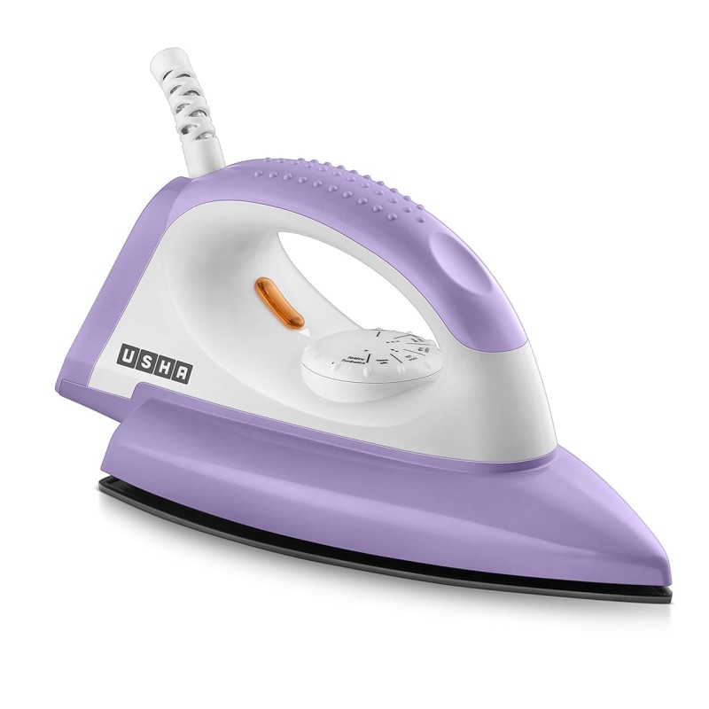 USHA Armor 1100 watts Dry Iron with Shock Proof Plastic Body | Single Coat Black Non Stick Soleplate for Longer Durability|Overheat Safety Shutoff |180° Swivel Cord | 2 Years Warranty|(Purple & White)