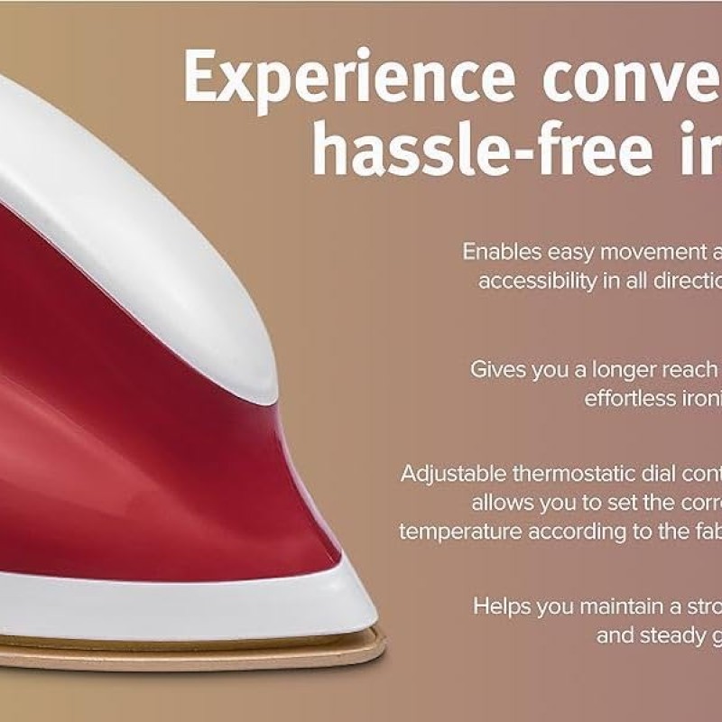 USHA Goliath 1200Watt Dry Iron with 1.8m Long Swivel Cord | Double Coat Golden Non Stick Soleplate for Longer Durability | 360° Swivel Cord | 2 Years Warranty | (Maroon), 1200 watts, Plastic