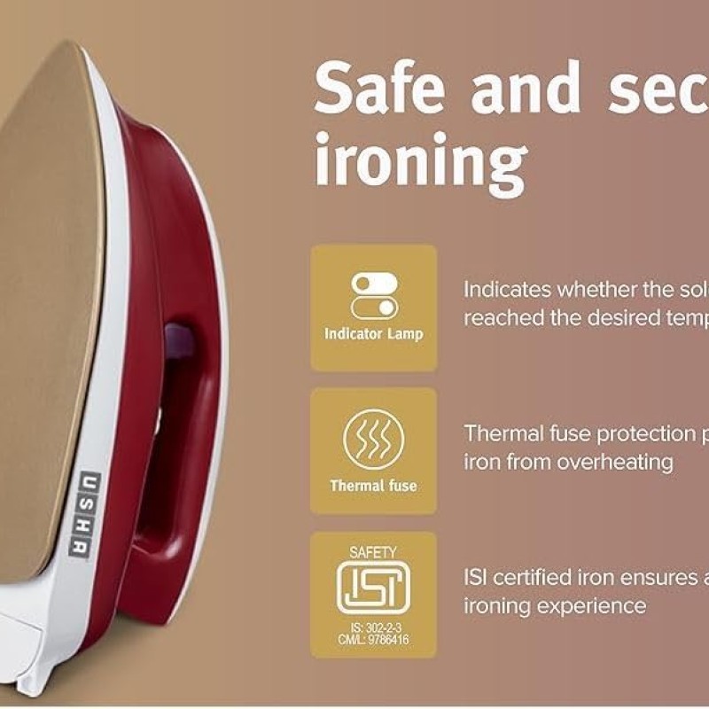 USHA Goliath 1200Watt Dry Iron with 1.8m Long Swivel Cord | Double Coat Golden Non Stick Soleplate for Longer Durability | 360° Swivel Cord | 2 Years Warranty | (Maroon), 1200 watts, Plastic