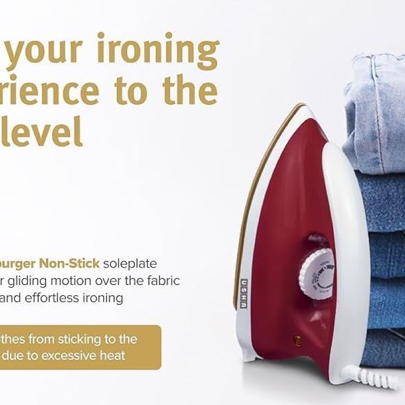 USHA Goliath 1200Watt Dry Iron with 1.8m Long Swivel Cord | Double Coat Golden Non Stick Soleplate for Longer Durability | 360° Swivel Cord | 2 Years Warranty | (Maroon), 1200 watts, Plastic