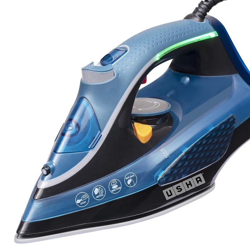 USHA Aqua Glow 2000 watts Steam Iron with Innovative Led Indicator | Ceramic Soleplate |Powerful Steam Output upto 20gm/min | 300ml Water Tank Capacity |Self Cleaning Function| 2 Years Warranty|(Blue)