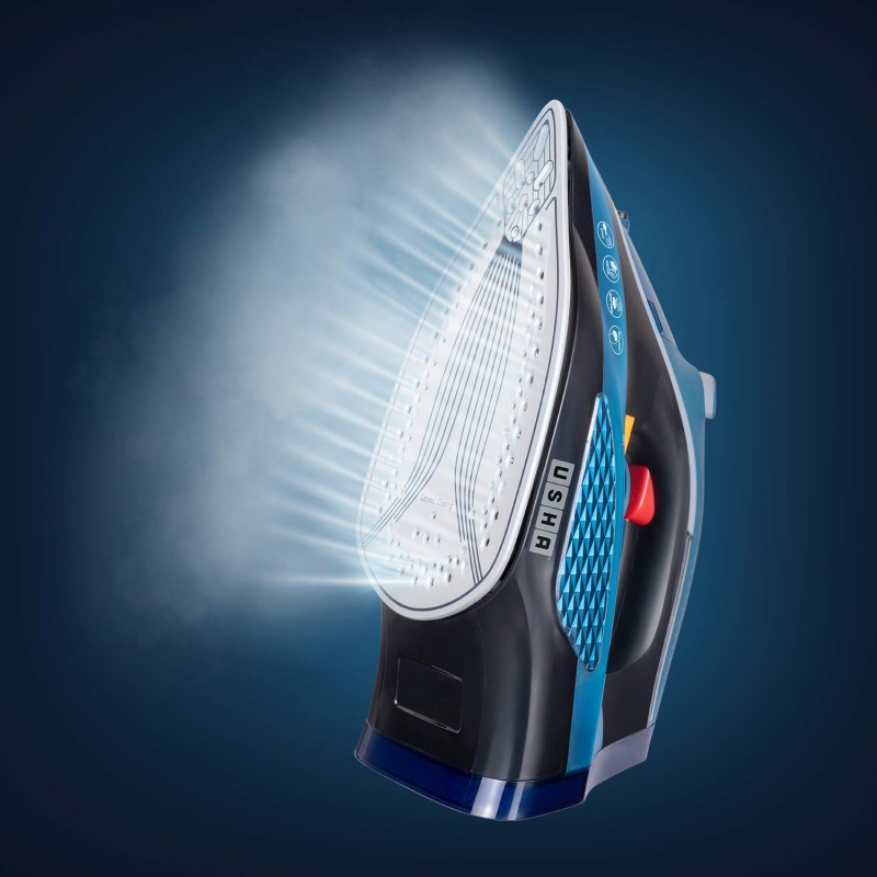 USHA Aqua Glow 2000 watts Steam Iron with Innovative Led Indicator | Ceramic Soleplate |Powerful Steam Output upto 20gm/min | 300ml Water Tank Capacity |Self Cleaning Function| 2 Years Warranty|(Blue)
