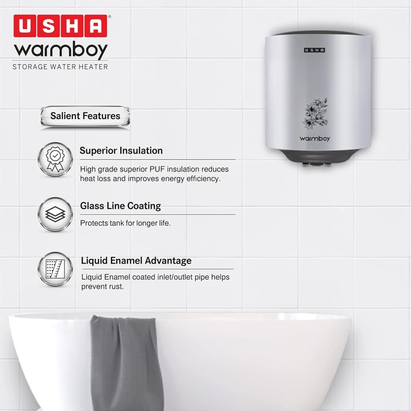 USHA Warmboy 25 Litre Storage Wall Water Heater (White)