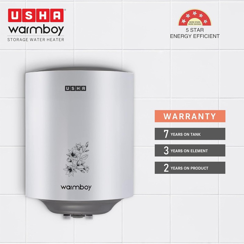 USHA Warmboy 25 Litre Storage Wall Water Heater (White)