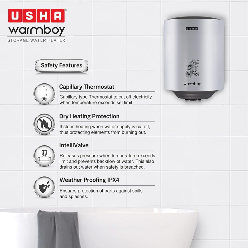 USHA Warmboy 25 Litre Storage Wall Water Heater (White)
