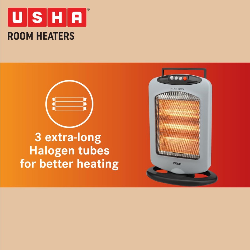 USHA 4003 1200 Watt 3 Rod Halogen Heater with Auto Oscillation Feature and Safety Mesh(Grey)