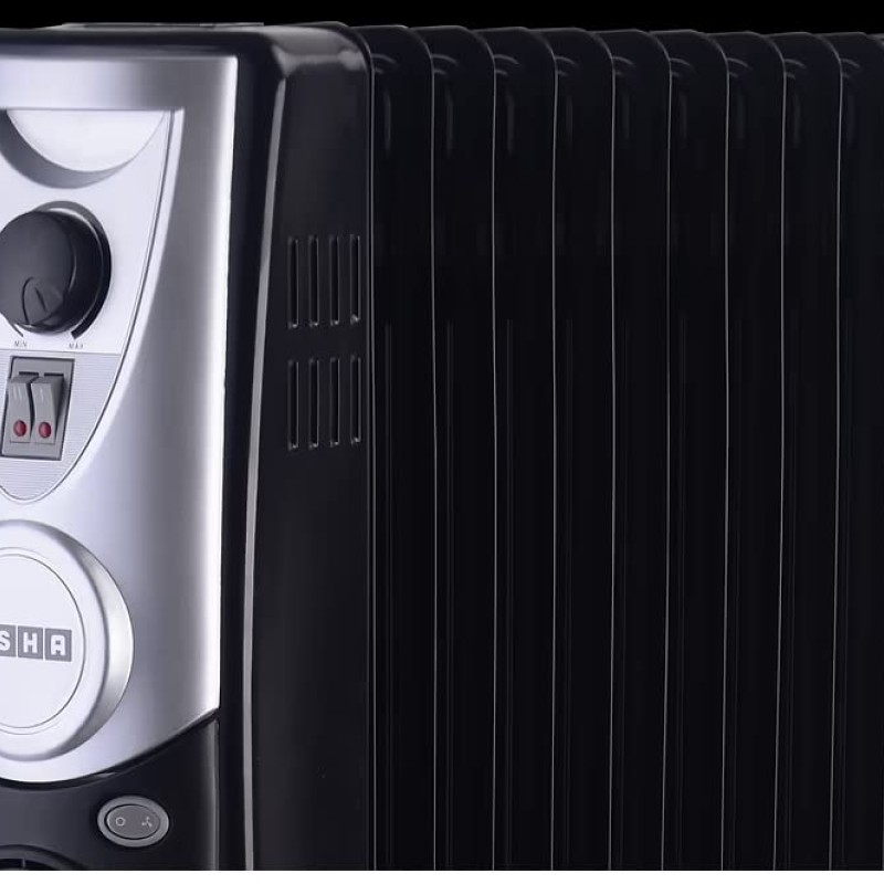 USHA OFR 4211 F PTC 2500W Oil Filled Radiator Room Heater with 11 Fins, 3 Heat Settings, Adjustable Thermostat, Built-in Fan, Overheat & Tip-Over Protection (Black)