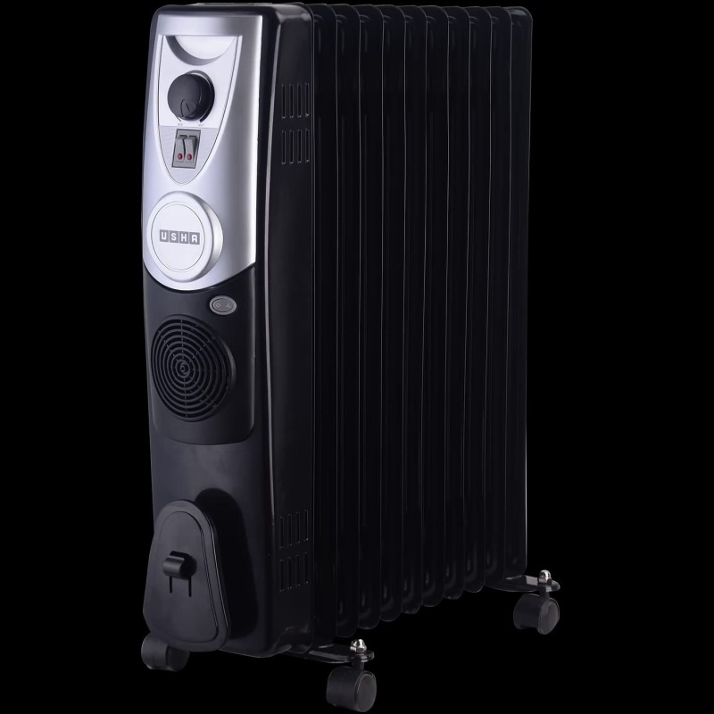 USHA OFR 4211 F PTC 2500W Oil Filled Radiator Room Heater with 11 Fins, 3 Heat Settings, Adjustable Thermostat, Built-in Fan, Overheat & Tip-Over Protection (Black)