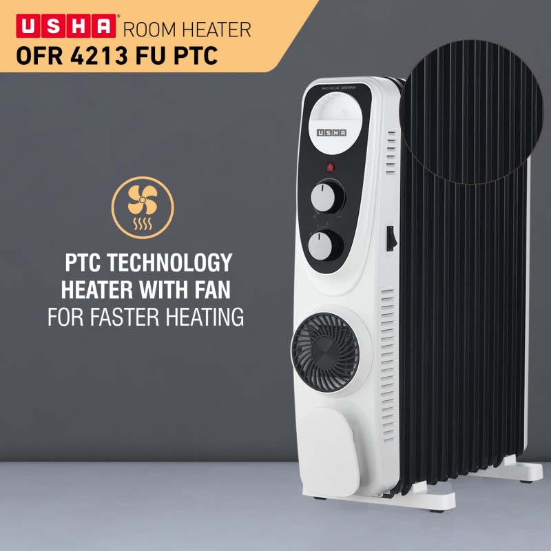 USHA 4209 FU PTC U Shaped 9 Fin Oil Filled Radiator Room Heater (Black),2700 Watts