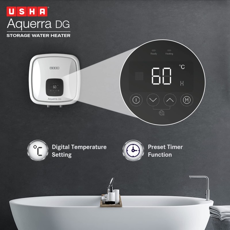 Usha Aquerra 25 Litre 5 Star Storage Water Heater (White), Wall Mounting