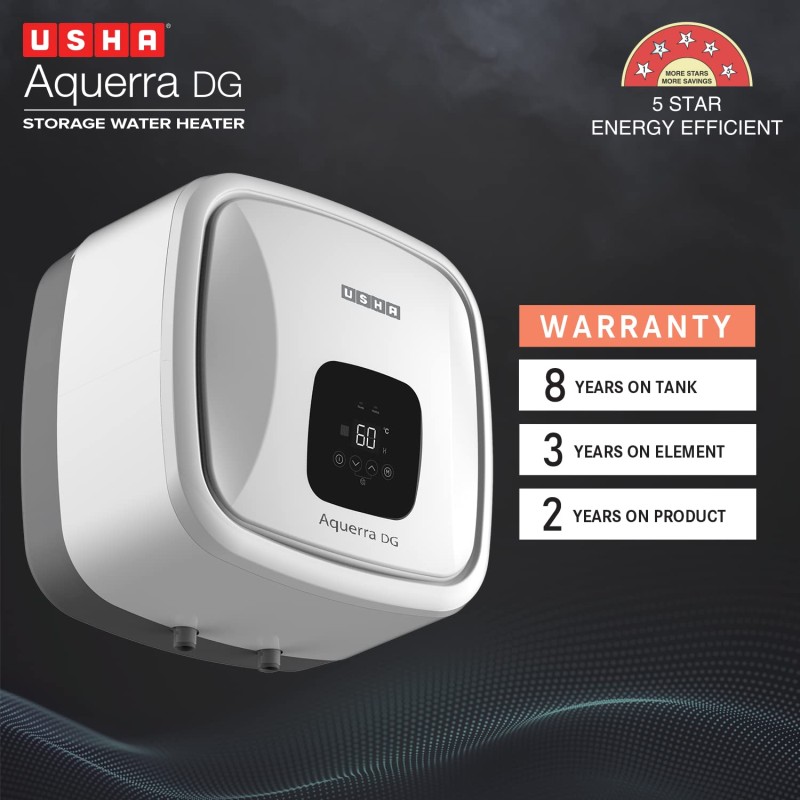Usha Aquerra 25 Litre 5 Star Storage Water Heater (White), Wall Mounting
