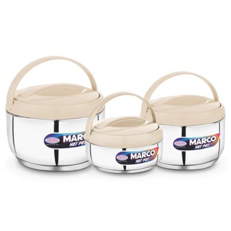 Asian Marco Stainless Steel Insulated N DELUX Hot Pot, Set Of 3Pcs (800ML, 1200ML. 1800ML) - SILVER and BEIGE