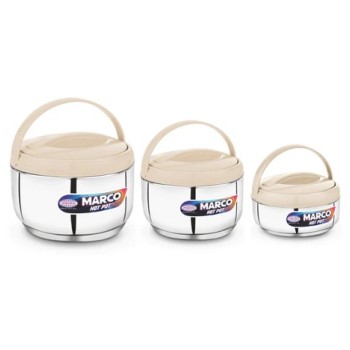 Asian Marco Stainless Steel Insulated N DELUX Hot Pot, Set Of 3Pcs (800ML, 1200ML. 1800ML) - SILVER & BEIGE Asian Marco Stainless Steel Insulated N DELUX Hot Pot, Set Of 3Pcs (800ML, 1200ML. 1800ML) - SILVER & BEIGE
