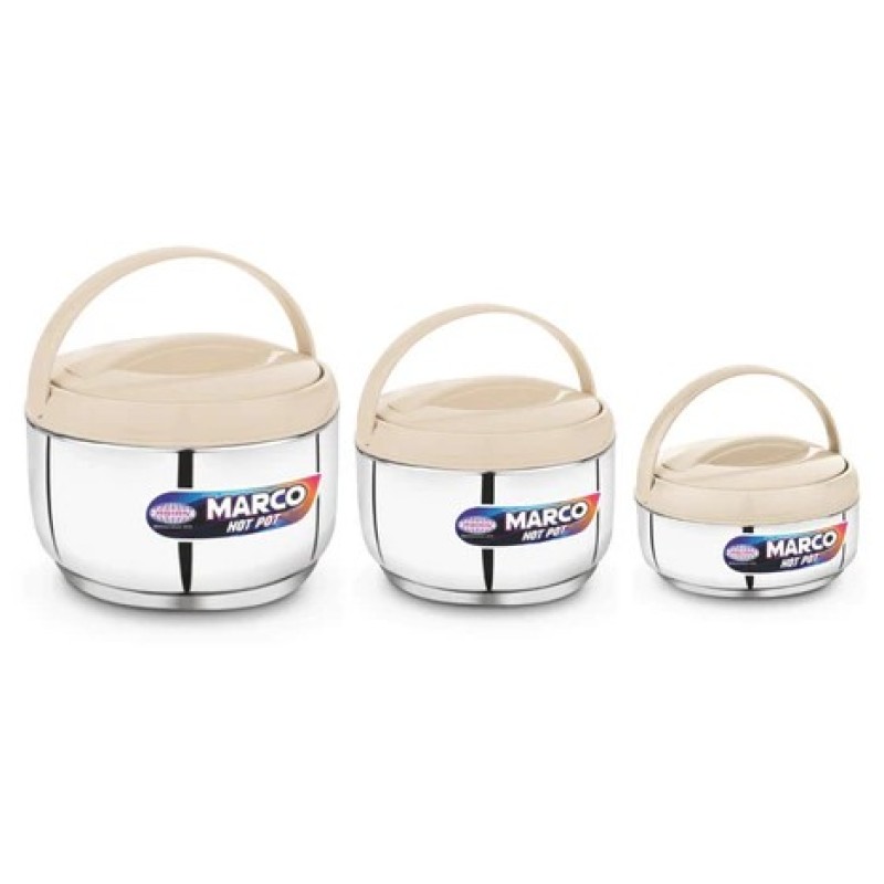 Asian Marco Stainless Steel Insulated N DELUX Hot Pot, Set Of 3Pcs (800ML, 1200ML. 1800ML) - SILVER and BEIGE