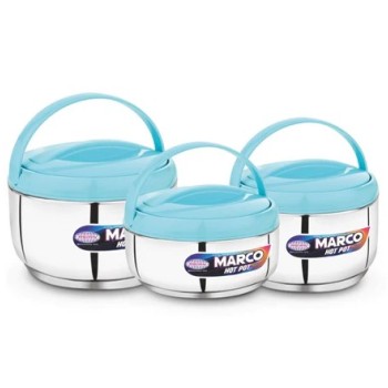 Asian Marco Stainless Steel Insulated N DELUX Hot Pot, Set Of 3Pcs (800ML, 1200ML. 1800ML) - SILVER & BLUE