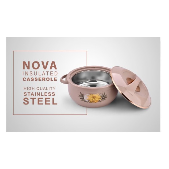 Asian Nova Inner Steel Casserole, 1600 ml, Rose Beige |PU Insulated| BPA Free | Odour Proof| Food Grade | Easy to Carry | Easy to Store | Ideal for Chapatti | Roti | Serving Casserole