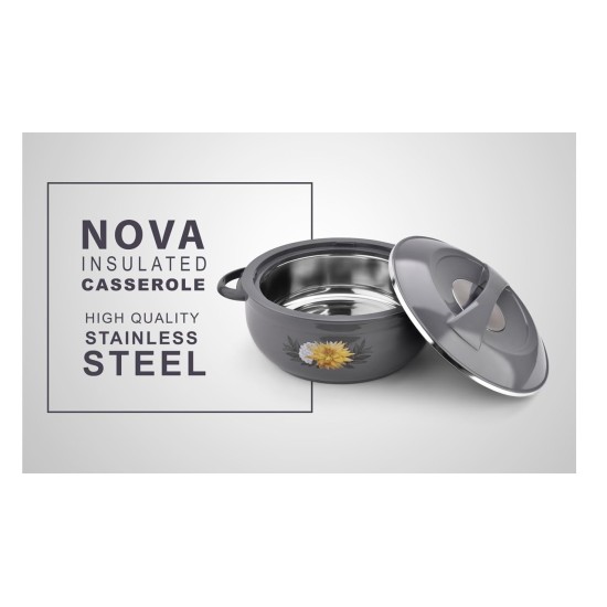 Asian Nova Inner Steel Casserole, 2500 ml, Grey |PU Insulated| BPA Free | Odour Proof| Food Grade | Easy to Carry | Easy to Store | Ideal for Chapatti | Roti | Serving Casserole