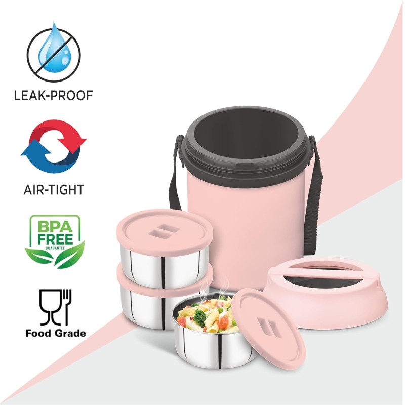 ASIAN Wonder Meal Hot Lunch Box SR. Set of 3 (700 ML) Pink Color (Stainless Steel)