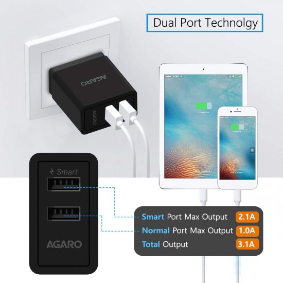 AGARO Dual Port Wall Charger, Fast Charging, 3.1 Amps- Black