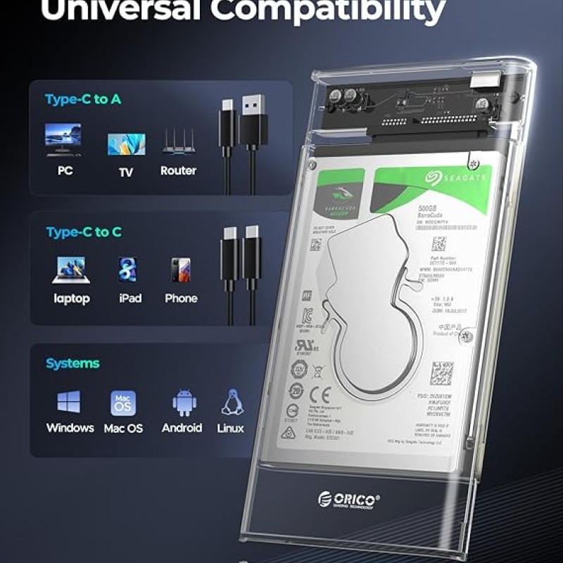 ORICO 2.5'' Hard Drive Enclosure Type-C USB 3.1 Gen2 to SATA 6Gbps Computer External HDD Enclosure
