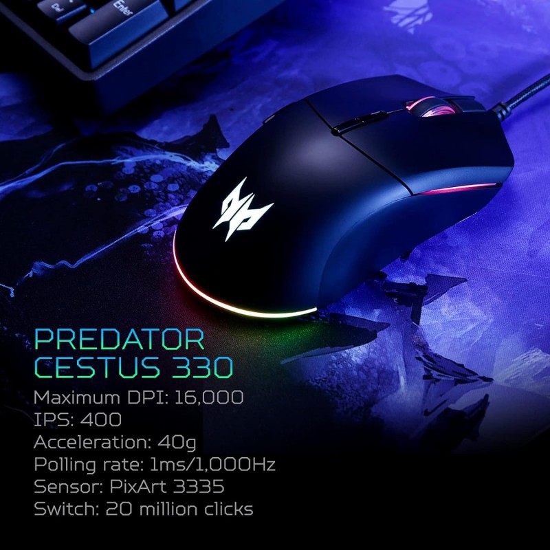Acer Predator Cestus 330 Gaming Mouse: 16000 On-The-Fly DPI - RGB Lighting - 7 - Black Acer Predator Cestus 330 Gaming Mouse: 16000 On-The-Fly DPI - RGB Lighting - 7 - Black