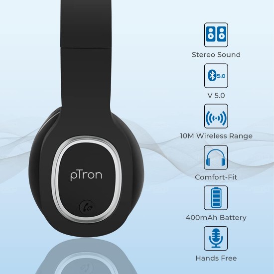 pTron Studio Over-Ear Bluetooth 5.0 Wireless Headphones with Mic - (Black)