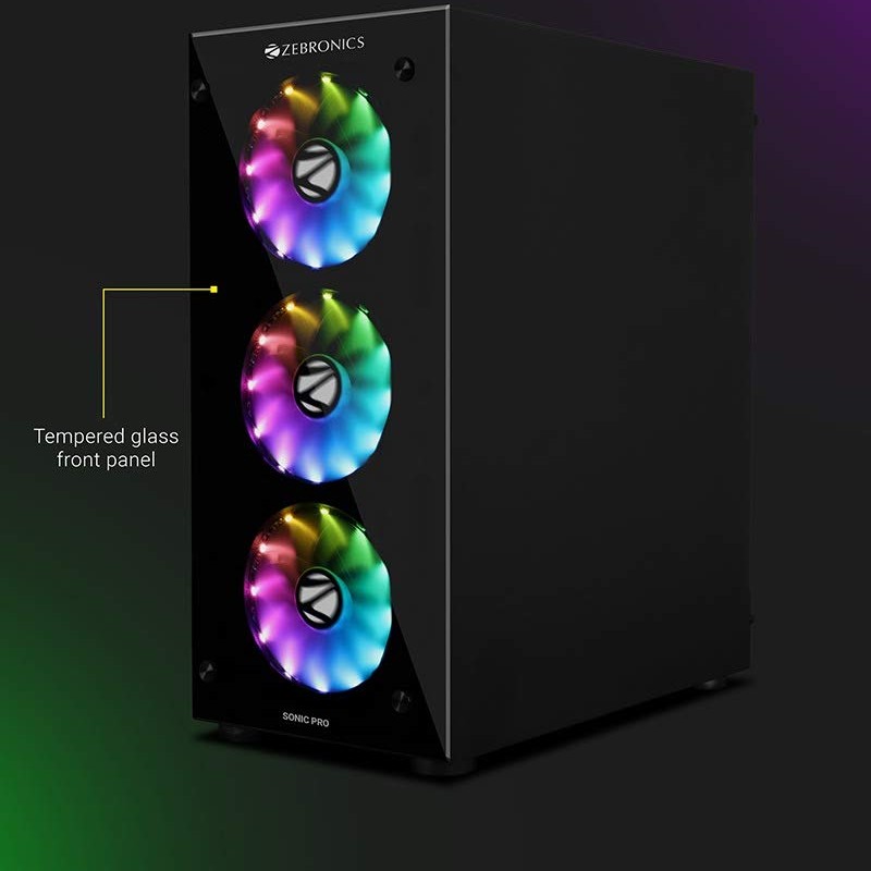 Zebronics Zeb-Sonic PRO Premium Gaming Cabinet Comes with Tempered Glass Front & Side Panel,120mm Rear & Front RGB LED Fan Zebronics Zeb-Sonic PRO Premium Gaming Cabinet Comes with Tempered Glass Front & Side Panel,120mm Rear & Front RGB LED Fan