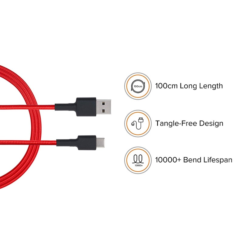 Mi Xiaomi Braided Type C 100Cm Cable Red|Supports Upto 22.5 Charging|Tangle Free Sturdy Built with Kevlar Protection Mi Xiaomi Braided Type C 100Cm Cable Red|Supports Upto 22.5 Charging|Tangle Free Sturdy Built with Kevlar Protection