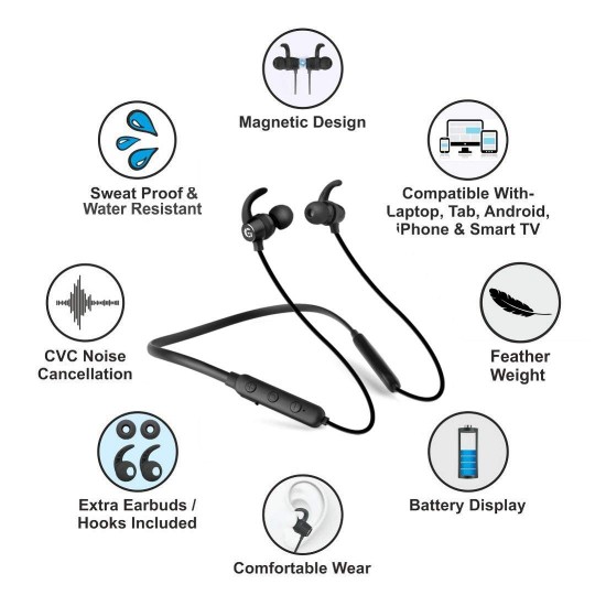 Matlek Fast Charging Bluetooth Earphone Wireless Headphone Neckband Sweat Proof