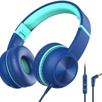 Wired Headphones with Mic - iClever Kids Headphones Foldable Stereo Tangle-Free 3.5mm-Blue