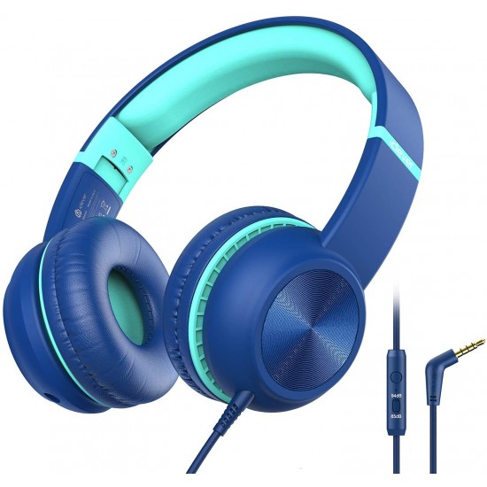 Wired Headphones with Mic - iClever Kids Headphones Foldable Stereo Tangle-Free 3.5mm-Blue