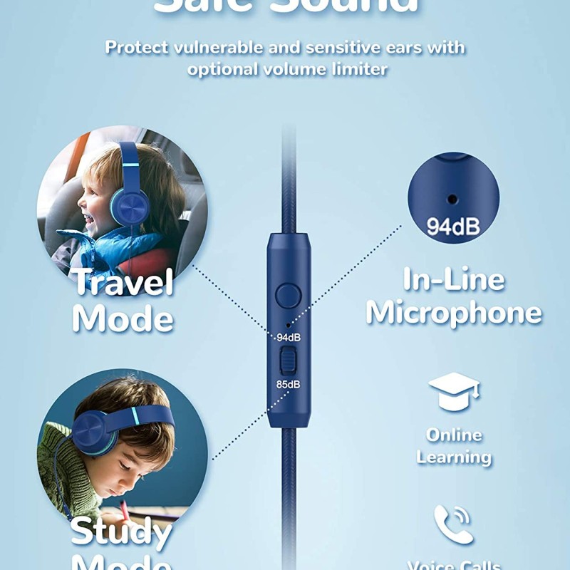 Wired Headphones with Mic - iClever Kids Headphones Foldable Stereo Tangle-Free 3.5mm-Blue